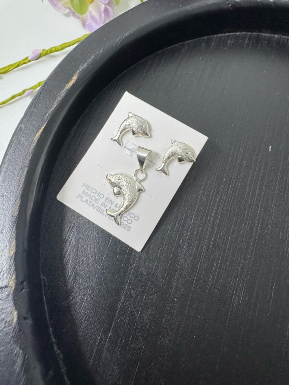 Silver 925 Dolphin Pendant and Stud Earring Set
